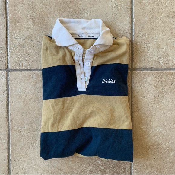 Dickies Cinch Collared Polo Tee Crop Top Yellow Blue Elastic Bottom 100% Cotton - Picture 7 of 12